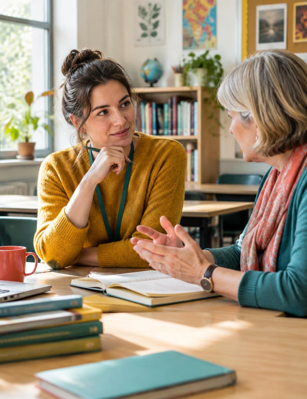 Two educators talking in a classroom