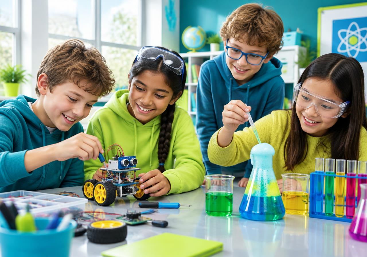Children building a robot and doing a science experiment